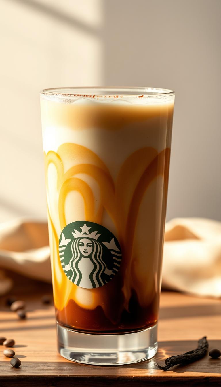 A chilled glass filled with a rich, creamy concoction of vanilla-infused sweet cream and smooth, cold-brewed coffee. The beverage is topped with a light, airy foam and a subtle dusting of ground vanilla beans. Soft, natural lighting casts a warm, inviting glow, highlighting the enticing layers of this delightful Starbucks-inspired treat. The composition is clean and minimalist, allowing the delicate balance of flavors and textures to take center stage. A tempting and sophisticated cold brew, perfect for a cozy afternoon indulgence.