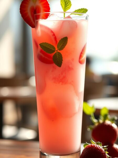 A chilled, refreshing Pink Drink in a tall glass, with a light pink hue and a swirl of coconut milk throughout. The drink is garnished with a few fresh strawberry slices and a sprig of mint, casting a soft, natural shadow on the glass. The lighting is bright and airy, with gentle highlights reflecting off the surface of the liquid. The background is a blurred, out-of-focus scene of a sunny cafe or patio, suggesting a relaxed, summery atmosphere. The overall mood is vibrant, refreshing, and inviting, perfectly capturing the essence of the Strawberry Açaí Refresher with Coconut Milk.