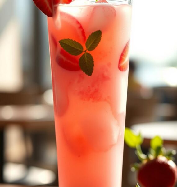 A chilled, refreshing Pink Drink in a tall glass, with a light pink hue and a swirl of coconut milk throughout. The drink is garnished with a few fresh strawberry slices and a sprig of mint, casting a soft, natural shadow on the glass. The lighting is bright and airy, with gentle highlights reflecting off the surface of the liquid. The background is a blurred, out-of-focus scene of a sunny cafe or patio, suggesting a relaxed, summery atmosphere. The overall mood is vibrant, refreshing, and inviting, perfectly capturing the essence of the Strawberry Açaí Refresher with Coconut Milk.
