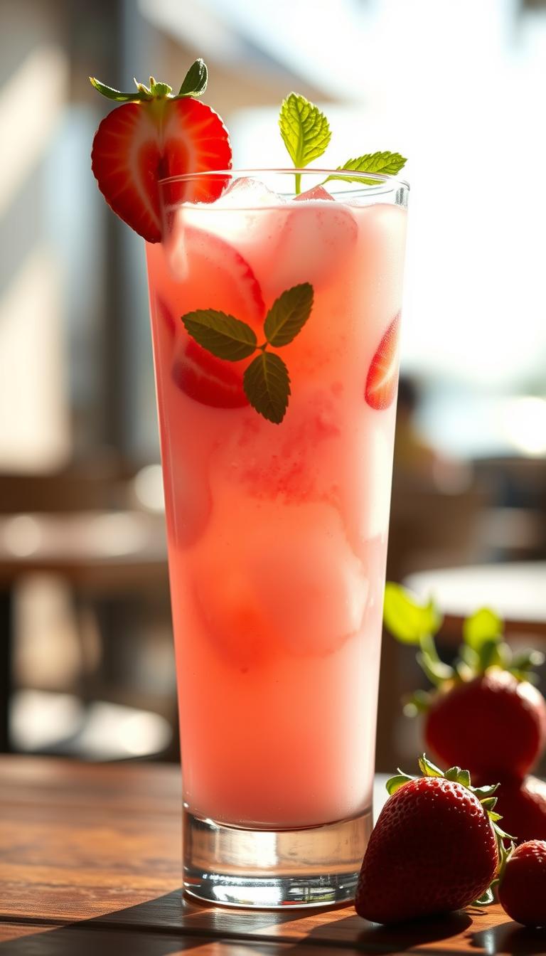 A chilled, refreshing Pink Drink in a tall glass, with a light pink hue and a swirl of coconut milk throughout. The drink is garnished with a few fresh strawberry slices and a sprig of mint, casting a soft, natural shadow on the glass. The lighting is bright and airy, with gentle highlights reflecting off the surface of the liquid. The background is a blurred, out-of-focus scene of a sunny cafe or patio, suggesting a relaxed, summery atmosphere. The overall mood is vibrant, refreshing, and inviting, perfectly capturing the essence of the Strawberry Açaí Refresher with Coconut Milk.