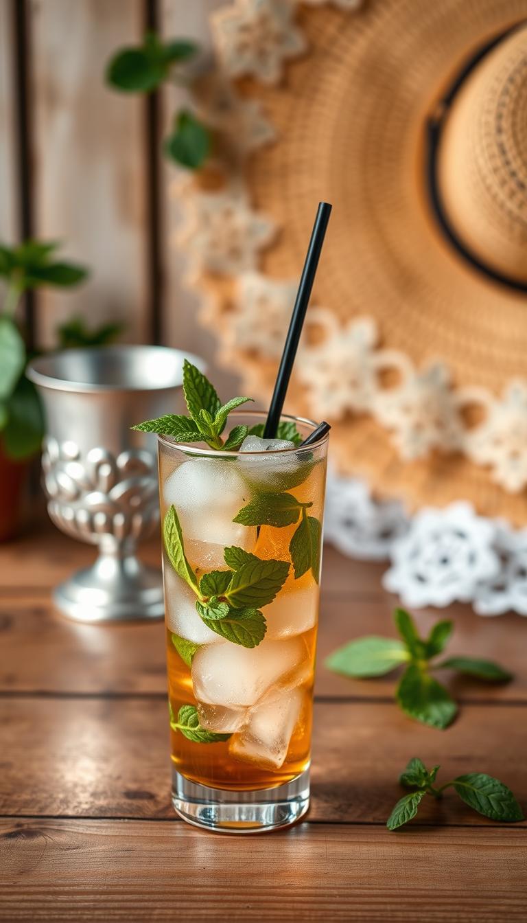 A classic Southern cocktail, a mint julep on a wooden table. In the foreground, a tall glass filled with crushed ice, fresh mint leaves, and a generous pour of premium Kentucky bourbon. The middle ground features a pewter julep cup, its intricate pattern reflecting the light. In the background, a straw hat and a lace fan hint at the warm, languid atmosphere of a balmy summer evening. Soft, diffused lighting creates a gentle, nostalgic mood, while the camera angle captures the elegance and sophistication of this timeless drink.