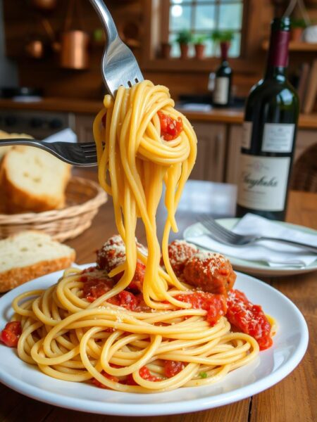 A classic spaghetti dish with perfectly al dente pasta, homemade marinara sauce, and tender meatballs. The pasta is twirled around a fork, ready to be savored. In the foreground, a generous helping of spaghetti is plated, accompanied by a side of garlic bread and a sprinkle of freshly grated parmesan cheese. The middle ground features a rustic wooden table, with a bottle of red wine and a simple white napkin adding to the cozy, family-style atmosphere. The background showcases a warm, inviting kitchen, with copper pots and pans hanging on the walls, and a large window letting in soft, natural lighting.