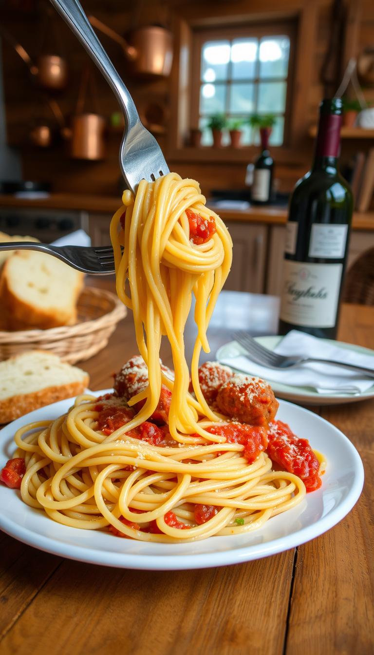 A classic spaghetti dish with perfectly al dente pasta, homemade marinara sauce, and tender meatballs. The pasta is twirled around a fork, ready to be savored. In the foreground, a generous helping of spaghetti is plated, accompanied by a side of garlic bread and a sprinkle of freshly grated parmesan cheese. The middle ground features a rustic wooden table, with a bottle of red wine and a simple white napkin adding to the cozy, family-style atmosphere. The background showcases a warm, inviting kitchen, with copper pots and pans hanging on the walls, and a large window letting in soft, natural lighting.