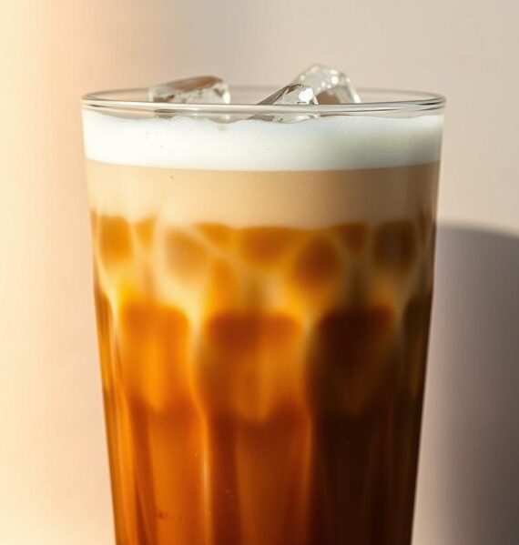 A close-up photograph of an iced brown sugar oatmilk shaken espresso. The drink is served in a clear glass tumbler, with a layer of foamy milk crowning the dark espresso liquid. Shimmering ice cubes add a touch of sparkle. The glass is set against a neutral background, allowing the vibrant colors of the drink to take center stage. Warm, diffused lighting casts a soft glow, highlighting the rich, creamy texture of the oatmilk and the subtle caramel notes of the brown sugar. The overall composition is sleek and minimalist, putting the artfully crafted beverage in the spotlight.