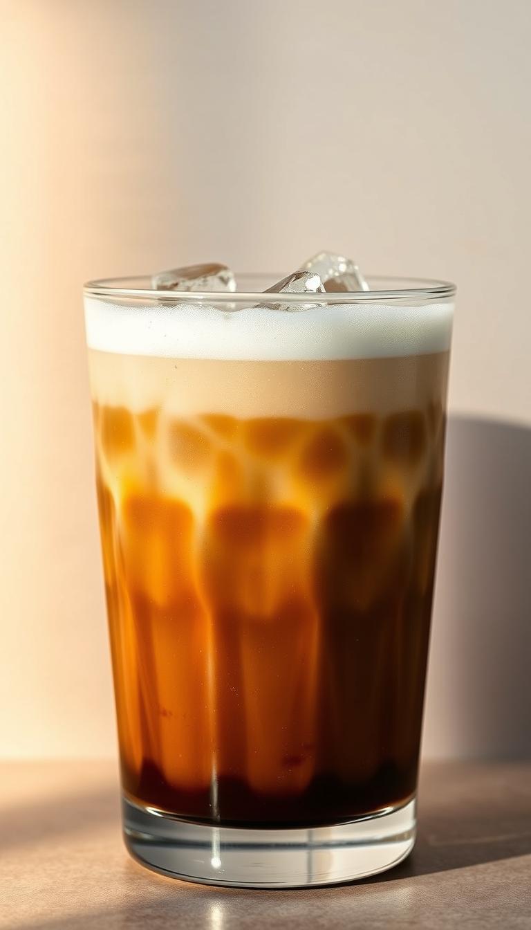 A close-up photograph of an iced brown sugar oatmilk shaken espresso. The drink is served in a clear glass tumbler, with a layer of foamy milk crowning the dark espresso liquid. Shimmering ice cubes add a touch of sparkle. The glass is set against a neutral background, allowing the vibrant colors of the drink to take center stage. Warm, diffused lighting casts a soft glow, highlighting the rich, creamy texture of the oatmilk and the subtle caramel notes of the brown sugar. The overall composition is sleek and minimalist, putting the artfully crafted beverage in the spotlight.