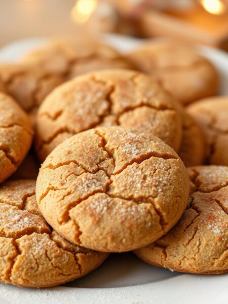 A close-up shot of a plate of freshly baked snickerdoodle cookies, with a warm, inviting glow from soft, natural lighting. The cookies are golden-brown, dusted generously with a coating of cinnamon-sugar, their crackled tops glistening. The arrangement is symmetrical, with the cookies evenly spaced, creating a visually appealing display. The background is blurred, placing the focus entirely on the delectable treats. The mood is cozy, nostalgic, and festive, evoking the comforting aroma of holiday baking.