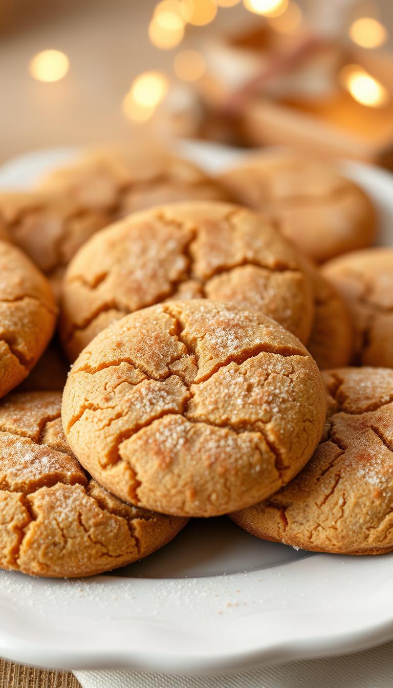 A close-up shot of a plate of freshly baked snickerdoodle cookies, with a warm, inviting glow from soft, natural lighting. The cookies are golden-brown, dusted generously with a coating of cinnamon-sugar, their crackled tops glistening. The arrangement is symmetrical, with the cookies evenly spaced, creating a visually appealing display. The background is blurred, placing the focus entirely on the delectable treats. The mood is cozy, nostalgic, and festive, evoking the comforting aroma of holiday baking.