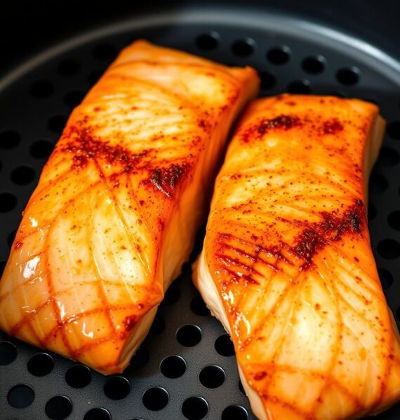 A close-up shot of two fresh, pan-seared salmon fillets, their skin glistening with a golden, crispy crust. The fillets are arranged on a modern, matte black air fryer basket, casting subtle shadows on the basket's perforated surface. The lighting is soft and diffused, creating a warm, inviting atmosphere. The background is blurred, emphasizing the prominence of the salmon fillets. The overall scene evokes a sense of simple, yet sophisticated culinary preparation, perfect for an article highlighting quick and easy air fryer dinner recipes.