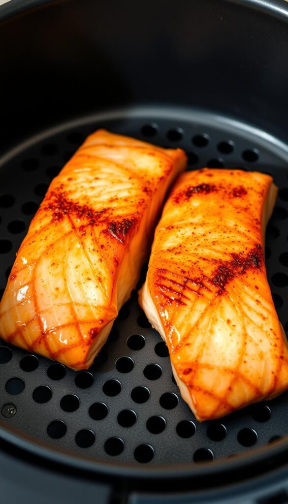 A close-up shot of two fresh, pan-seared salmon fillets, their skin glistening with a golden, crispy crust. The fillets are arranged on a modern, matte black air fryer basket, casting subtle shadows on the basket's perforated surface. The lighting is soft and diffused, creating a warm, inviting atmosphere. The background is blurred, emphasizing the prominence of the salmon fillets. The overall scene evokes a sense of simple, yet sophisticated culinary preparation, perfect for an article highlighting quick and easy air fryer dinner recipes.