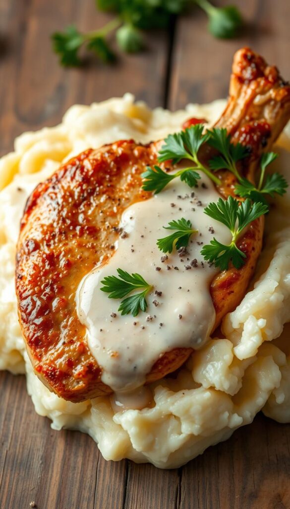 A close-up view of a creamy pork chop dish, with a golden-brown seared chop nestled atop a bed of tender, buttery-smooth mashed potatoes. The pork is coated in a rich, velvety ranch sauce that glistens under soft, diffused lighting, casting a comforting glow. The potatoes are fluffy and inviting, their texture and color complementing the succulent pork. Sprigs of fresh, vibrant parsley add a pop of color and freshness, while a light dusting of cracked black pepper provides a subtle, aromatic contrast. The composition is arranged on a rustic, wooden surface, creating a welcoming, homestyle atmosphere.