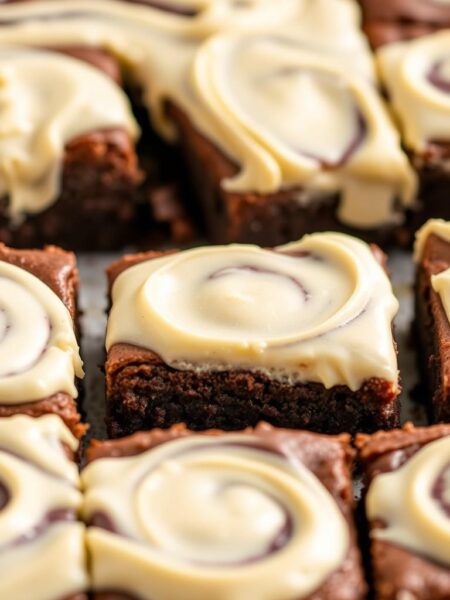 A close-up view of a freshly baked tray of cream cheese brownies. The rich, fudgy brownies are topped with a thick layer of creamy, tangy cream cheese swirls, creating an inviting contrast of flavors and textures. The brownies are illuminated by a warm, golden light, casting a soft glow and highlighting the moist, dense crumb. The image is framed to showcase the decadent, mouthwatering details of the dessert, with a clean, simple background that allows the brownies to take center stage. The overall mood is one of indulgence and satisfaction, perfectly capturing the essence of this delectable treat.