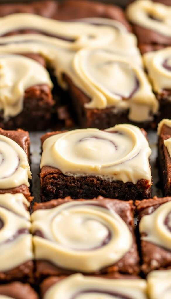 A close-up view of a freshly baked tray of cream cheese brownies. The rich, fudgy brownies are topped with a thick layer of creamy, tangy cream cheese swirls, creating an inviting contrast of flavors and textures. The brownies are illuminated by a warm, golden light, casting a soft glow and highlighting the moist, dense crumb. The image is framed to showcase the decadent, mouthwatering details of the dessert, with a clean, simple background that allows the brownies to take center stage. The overall mood is one of indulgence and satisfaction, perfectly capturing the essence of this delectable treat.