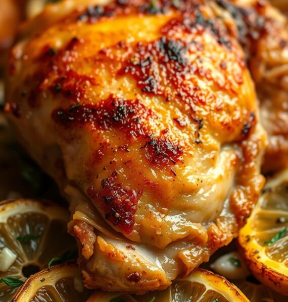 A close-up view of a perfectly seared air-fried chicken thigh, the skin glistening with a golden-brown crust. The tender meat is nestled on a bed of roasted lemon slices, their edges caramelized and releasing a zesty aroma. Minced garlic and fresh thyme leaves are scattered around, adding depth and complexity to the dish. The lighting is warm and evocative, casting a soft glow that enhances the appetizing appearance. The camera angle is slightly elevated, highlighting the juicy, flavor-packed chicken as the star of the composition. An irresistible meal, ready to be savored in the comfort of your home.