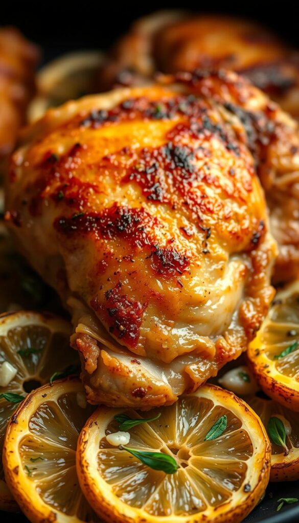 A close-up view of a perfectly seared air-fried chicken thigh, the skin glistening with a golden-brown crust. The tender meat is nestled on a bed of roasted lemon slices, their edges caramelized and releasing a zesty aroma. Minced garlic and fresh thyme leaves are scattered around, adding depth and complexity to the dish. The lighting is warm and evocative, casting a soft glow that enhances the appetizing appearance. The camera angle is slightly elevated, highlighting the juicy, flavor-packed chicken as the star of the composition. An irresistible meal, ready to be savored in the comfort of your home.