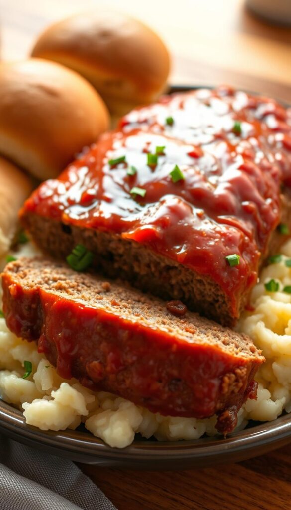 A comforting and hearty homemade meatloaf, freshly baked with a glossy tomato glaze, sits atop a pile of creamy, buttery mashed potatoes. The meatloaf is sliced, revealing its tender, juicy interior, complemented by the rich, savory aroma. Soft dinner rolls and a sprinkle of chopped parsley add the finishing touches to this classic family-style dish. Warm lighting casts a cozy glow, highlighting the satisfying textures and inviting the viewer to savor every bite. A timeless, comforting scene captured with a sharp focus and slightly elevated angle, showcasing the appetizing details of this beloved comfort food.