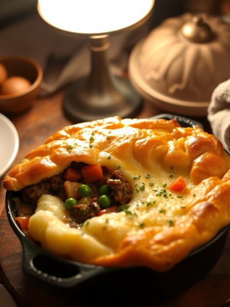 A comforting shepherd's pie, steaming hot with a golden-brown crust, sits upon a rustic wooden table. The savory filling of minced lamb, carrots, peas, and potatoes is nestled beneath a pillowy layer of creamy mashed potatoes, sprinkled with fragrant herbs. Soft lighting from a nearby lamp casts a warm glow, highlighting the hearty, homemade nature of this classic comfort dish. The scene exudes a cozy, inviting atmosphere, drawing the viewer in with the promise of a satisfying, soul-nourishing meal.