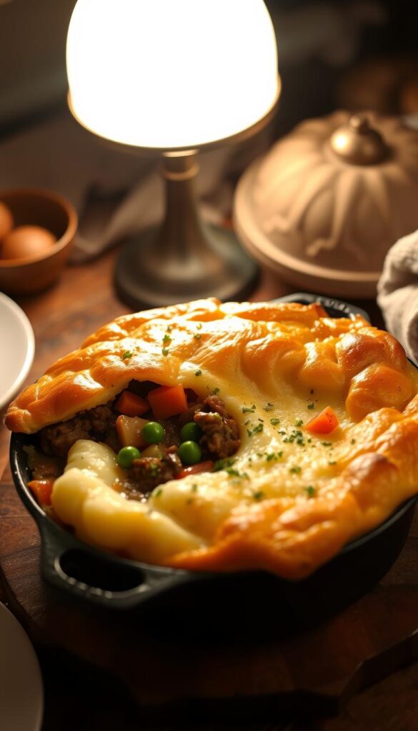 A comforting shepherd's pie, steaming hot with a golden-brown crust, sits upon a rustic wooden table. The savory filling of minced lamb, carrots, peas, and potatoes is nestled beneath a pillowy layer of creamy mashed potatoes, sprinkled with fragrant herbs. Soft lighting from a nearby lamp casts a warm glow, highlighting the hearty, homemade nature of this classic comfort dish. The scene exudes a cozy, inviting atmosphere, drawing the viewer in with the promise of a satisfying, soul-nourishing meal.