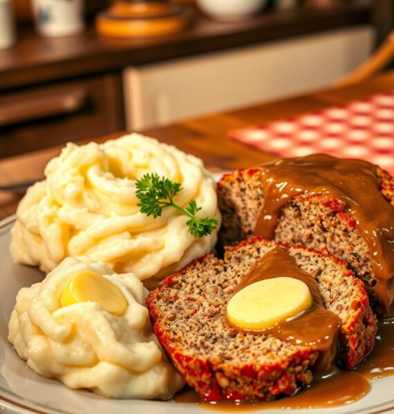 A cozy and nostalgic kitchen scene with a plate of homemade meatloaf, creamy mashed potatoes, and gravy. The meatloaf is sliced, revealing its tender interior, garnished with fresh parsley. Thick, fluffy mounds of mashed potatoes are nestled alongside, glistening with butter. A rich, brown gravy cascades over the dish, evoking comforting flavors. The scene is illuminated by warm, soft lighting, casting gentle shadows and creating an inviting atmosphere. The background features a rustic wooden table, complemented by vintage kitchen decor and a checkered tablecloth, evoking a timeless, homely ambiance. The overall composition conveys a sense of hearty, satisfying comfort food that nourishes both body and soul.