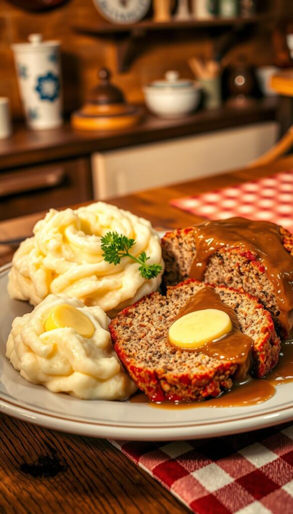 A cozy and nostalgic kitchen scene with a plate of homemade meatloaf, creamy mashed potatoes, and gravy. The meatloaf is sliced, revealing its tender interior, garnished with fresh parsley. Thick, fluffy mounds of mashed potatoes are nestled alongside, glistening with butter. A rich, brown gravy cascades over the dish, evoking comforting flavors. The scene is illuminated by warm, soft lighting, casting gentle shadows and creating an inviting atmosphere. The background features a rustic wooden table, complemented by vintage kitchen decor and a checkered tablecloth, evoking a timeless, homely ambiance. The overall composition conveys a sense of hearty, satisfying comfort food that nourishes both body and soul.