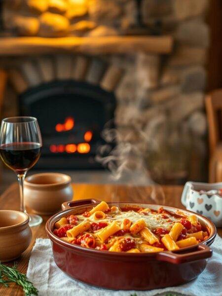 A cozy kitchen interior with a baked ziti casserole dish fresh from the oven, steam rising from the melted cheese and tomato sauce. The dish is placed on a wooden table, surrounded by rustic ceramic bowls, a glass of red wine, and fresh herbs. Warm yellow lighting illuminates the scene, casting a soft glow. The background features a stone fireplace with a crackling fire, adding to the atmosphere of comfort and relaxation. The overall mood is inviting, heartwarming, and evocative of a satisfying home-cooked meal.