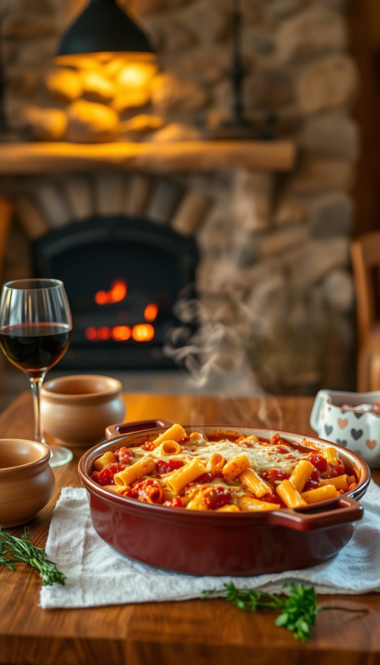 A cozy kitchen interior with a baked ziti casserole dish fresh from the oven, steam rising from the melted cheese and tomato sauce. The dish is placed on a wooden table, surrounded by rustic ceramic bowls, a glass of red wine, and fresh herbs. Warm yellow lighting illuminates the scene, casting a soft glow. The background features a stone fireplace with a crackling fire, adding to the atmosphere of comfort and relaxation. The overall mood is inviting, heartwarming, and evocative of a satisfying home-cooked meal.