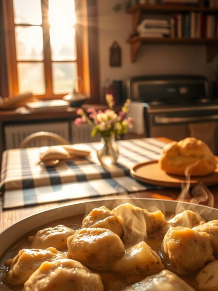 A cozy kitchen scene, bathed in warm, golden light filtering through a large window. In the foreground, a hearty bowl of chicken and dumplings, the tender meat and fluffy dumplings glistening with a rich, creamy sauce. Wisps of steam rise from the dish, carrying the comforting aroma of herbs and spices. In the middle ground, a wooden table is set with a checked tablecloth, a freshly baked biscuit, and a small vase of wildflowers, lending a rustic, homely ambiance. The background features a vintage oven, its gleaming surface reflecting the soft light, and a shelf displaying well-worn cookbooks, hinting at the cherished recipes passed down through generations.