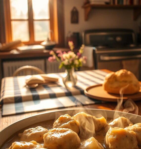 A cozy kitchen scene, bathed in warm, golden light filtering through a large window. In the foreground, a hearty bowl of chicken and dumplings, the tender meat and fluffy dumplings glistening with a rich, creamy sauce. Wisps of steam rise from the dish, carrying the comforting aroma of herbs and spices. In the middle ground, a wooden table is set with a checked tablecloth, a freshly baked biscuit, and a small vase of wildflowers, lending a rustic, homely ambiance. The background features a vintage oven, its gleaming surface reflecting the soft light, and a shelf displaying well-worn cookbooks, hinting at the cherished recipes passed down through generations.