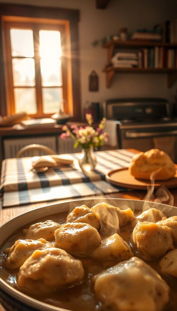 A cozy kitchen scene, bathed in warm, golden light filtering through a large window. In the foreground, a hearty bowl of chicken and dumplings, the tender meat and fluffy dumplings glistening with a rich, creamy sauce. Wisps of steam rise from the dish, carrying the comforting aroma of herbs and spices. In the middle ground, a wooden table is set with a checked tablecloth, a freshly baked biscuit, and a small vase of wildflowers, lending a rustic, homely ambiance. The background features a vintage oven, its gleaming surface reflecting the soft light, and a shelf displaying well-worn cookbooks, hinting at the cherished recipes passed down through generations.