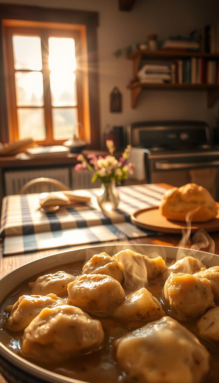 A cozy kitchen scene, bathed in warm, golden light filtering through a large window. In the foreground, a hearty bowl of chicken and dumplings, the tender meat and fluffy dumplings glistening with a rich, creamy sauce. Wisps of steam rise from the dish, carrying the comforting aroma of herbs and spices. In the middle ground, a wooden table is set with a checked tablecloth, a freshly baked biscuit, and a small vase of wildflowers, lending a rustic, homely ambiance. The background features a vintage oven, its gleaming surface reflecting the soft light, and a shelf displaying well-worn cookbooks, hinting at the cherished recipes passed down through generations.