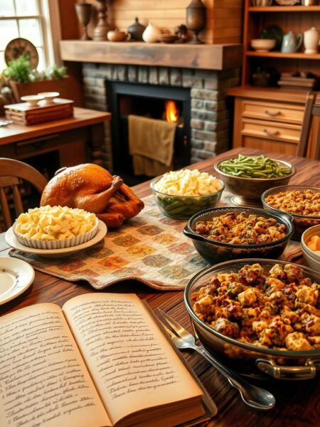 A cozy, well-lit kitchen with a rustic wooden table in the foreground, displaying an array of traditional Thanksgiving dishes - a golden-brown roasted turkey, fluffy mashed potatoes, green bean casserole, and a steaming bowl of grandma's signature stuffing, its savory aroma filling the air. In the middle ground, a patchwork quilt adorns the table, and a vintage cookbook lies open, showcasing handwritten recipes. The background features a warm, earthy color palette, with a crackling fireplace and family heirlooms adorning the shelves, creating an inviting and nostalgic atmosphere.