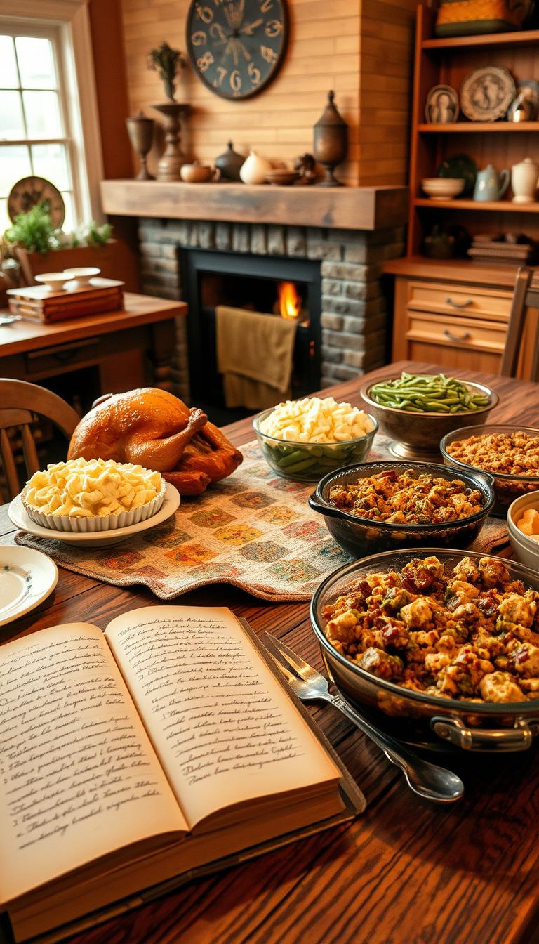 A cozy, well-lit kitchen with a rustic wooden table in the foreground, displaying an array of traditional Thanksgiving dishes - a golden-brown roasted turkey, fluffy mashed potatoes, green bean casserole, and a steaming bowl of grandma's signature stuffing, its savory aroma filling the air. In the middle ground, a patchwork quilt adorns the table, and a vintage cookbook lies open, showcasing handwritten recipes. The background features a warm, earthy color palette, with a crackling fireplace and family heirlooms adorning the shelves, creating an inviting and nostalgic atmosphere.