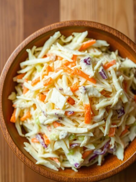 A creamy, classic coleslaw served in a wooden bowl, with shredded cabbage, carrots, and a smooth, tangy dressing. The ingredients are neatly arranged, with a slight overhead angle showcasing the texture and vibrant colors. The lighting is soft and natural, casting gentle shadows that add depth and dimension to the scene. The background is a simple, uncluttered wooden surface, allowing the coleslaw to be the focal point. The overall mood is fresh, wholesome, and inviting, reflecting the easy, delicious nature of this side dish.