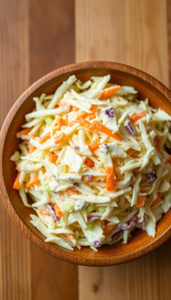 A creamy, classic coleslaw served in a wooden bowl, with shredded cabbage, carrots, and a smooth, tangy dressing. The ingredients are neatly arranged, with a slight overhead angle showcasing the texture and vibrant colors. The lighting is soft and natural, casting gentle shadows that add depth and dimension to the scene. The background is a simple, uncluttered wooden surface, allowing the coleslaw to be the focal point. The overall mood is fresh, wholesome, and inviting, reflecting the easy, delicious nature of this side dish.