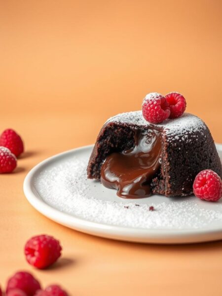 A decadent chocolate lava cake with a rich, molten center sits on a white ceramic plate. The cake is garnished with a dusting of powdered sugar and a few fresh raspberries, creating a striking visual contrast. Soft, even lighting from above illuminates the cake's glistening surface, highlighting its moist, fudgy texture. The background is a warm, neutral tone, allowing the cake to take center stage. The composition is simple yet elegant, emphasizing the cake's sumptuous, indulgent qualities.