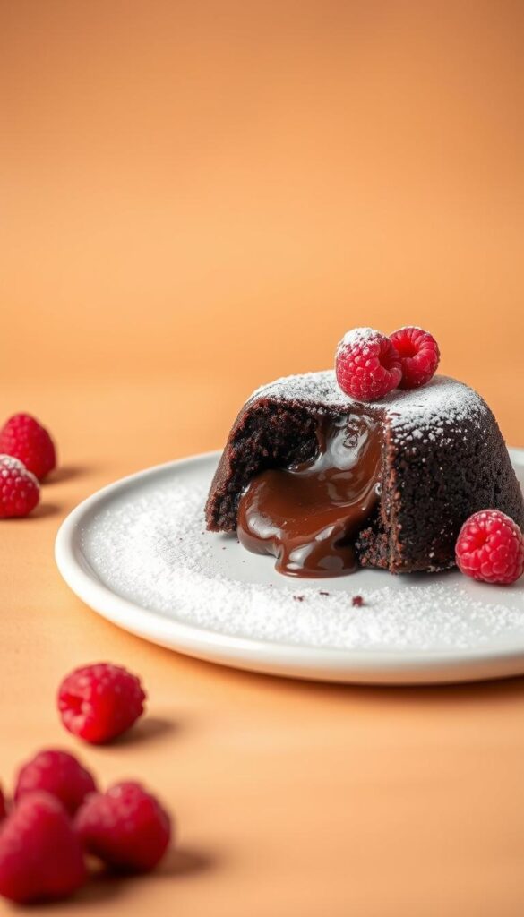 A decadent chocolate lava cake with a rich, molten center sits on a white ceramic plate. The cake is garnished with a dusting of powdered sugar and a few fresh raspberries, creating a striking visual contrast. Soft, even lighting from above illuminates the cake's glistening surface, highlighting its moist, fudgy texture. The background is a warm, neutral tone, allowing the cake to take center stage. The composition is simple yet elegant, emphasizing the cake's sumptuous, indulgent qualities.