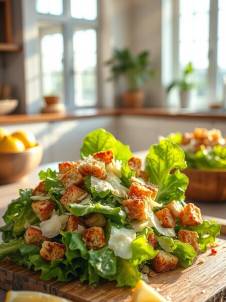 A delectable Caesar salad in a modern, airy kitchen setting. A crisp, fresh bed of romaine lettuce, topped with shaved parmesan, crunchy croutons, and a creamy, tangy dressing. Rays of warm, natural light pour in through large windows, casting a soft, golden glow on the vibrant greens and rich textures. The scene exudes a sense of simplicity and wholesome, nutritious appeal. A wooden cutting board and a few fresh lemon wedges add a rustic, homemade touch. The overall composition evokes a welcoming, appetizing atmosphere, perfect for showcasing this classic, healthy side dish.