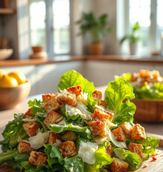 A delectable Caesar salad in a modern, airy kitchen setting. A crisp, fresh bed of romaine lettuce, topped with shaved parmesan, crunchy croutons, and a creamy, tangy dressing. Rays of warm, natural light pour in through large windows, casting a soft, golden glow on the vibrant greens and rich textures. The scene exudes a sense of simplicity and wholesome, nutritious appeal. A wooden cutting board and a few fresh lemon wedges add a rustic, homemade touch. The overall composition evokes a welcoming, appetizing atmosphere, perfect for showcasing this classic, healthy side dish.