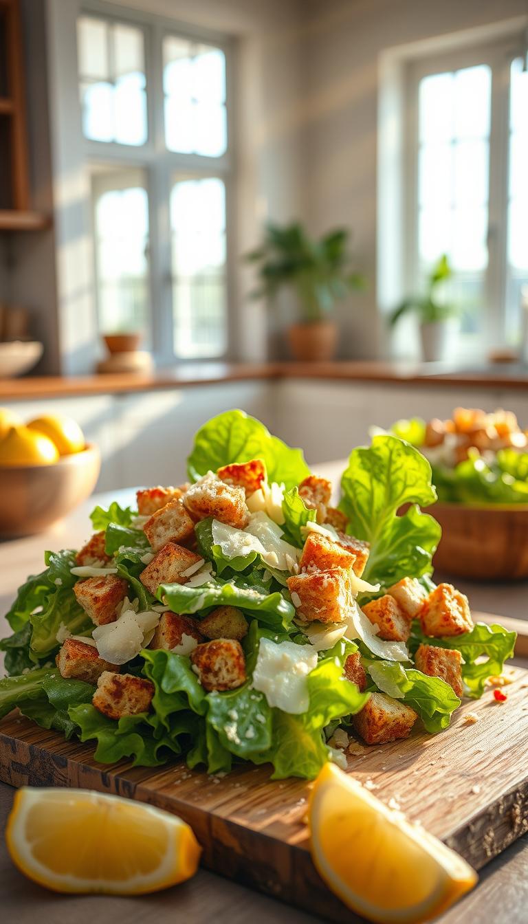 A delectable Caesar salad in a modern, airy kitchen setting. A crisp, fresh bed of romaine lettuce, topped with shaved parmesan, crunchy croutons, and a creamy, tangy dressing. Rays of warm, natural light pour in through large windows, casting a soft, golden glow on the vibrant greens and rich textures. The scene exudes a sense of simplicity and wholesome, nutritious appeal. A wooden cutting board and a few fresh lemon wedges add a rustic, homemade touch. The overall composition evokes a welcoming, appetizing atmosphere, perfect for showcasing this classic, healthy side dish.