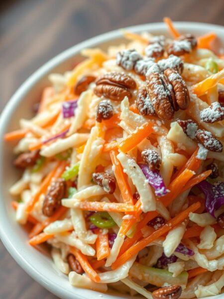 A delectable bowl of homemade coleslaw, its creamy texture and vibrant colors drawing the eye. Fresh shredded cabbage and carrots, glistening with a sweet and tangy dressing, a hint of citrus zest adding a bright note. Crunchy toasted pecans and a dusting of powdered sugar complete the artful presentation, evoking the flavors of a beloved restaurant dish. Soft, diffused lighting casts a warm glow, the scene captured from a slightly elevated angle to showcase the dish's inviting allure. An atmosphere of rustic charm and culinary delight, a mouthwatering invitation to savor every bite.