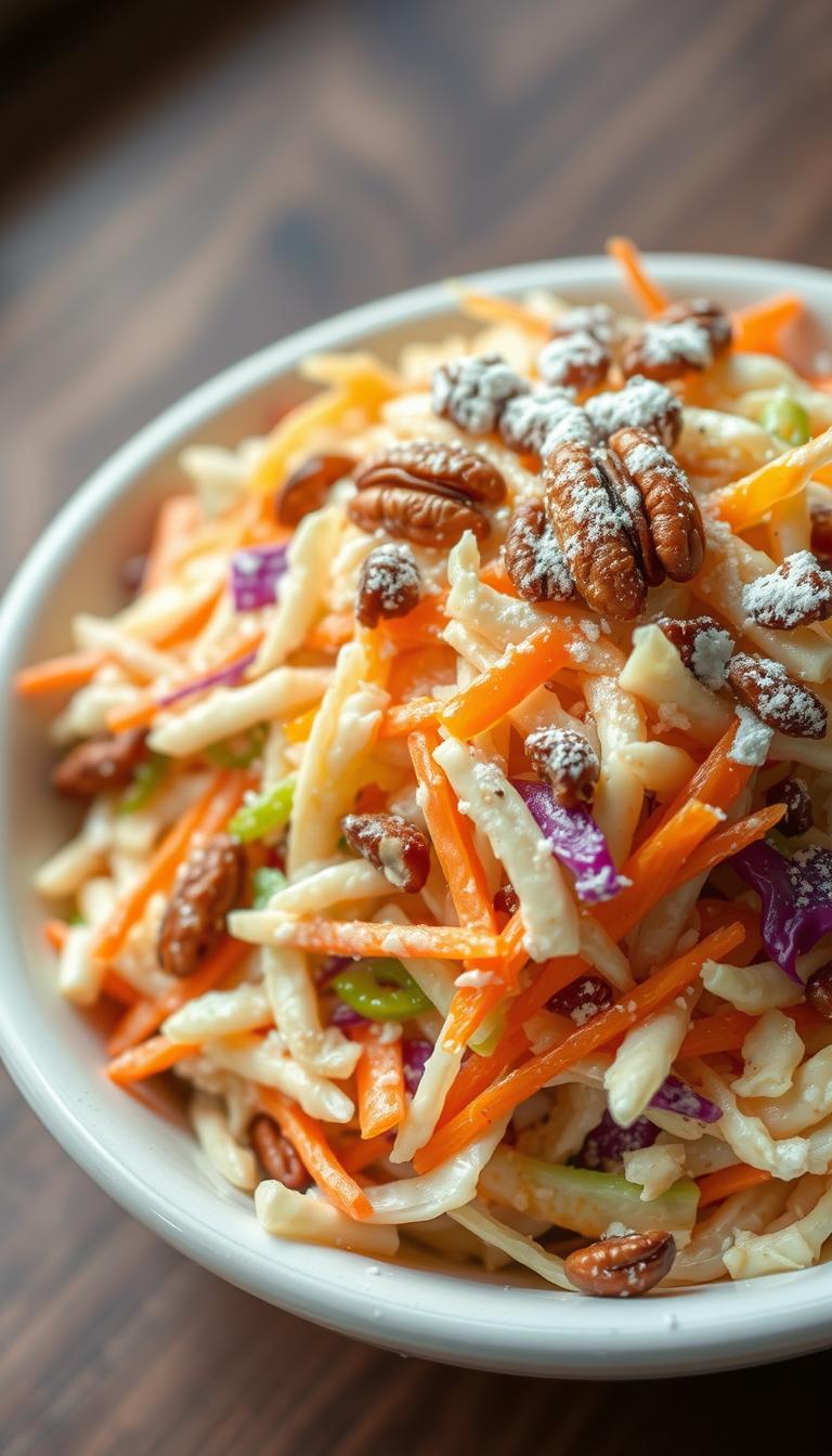 A delectable bowl of homemade coleslaw, its creamy texture and vibrant colors drawing the eye. Fresh shredded cabbage and carrots, glistening with a sweet and tangy dressing, a hint of citrus zest adding a bright note. Crunchy toasted pecans and a dusting of powdered sugar complete the artful presentation, evoking the flavors of a beloved restaurant dish. Soft, diffused lighting casts a warm glow, the scene captured from a slightly elevated angle to showcase the dish's inviting allure. An atmosphere of rustic charm and culinary delight, a mouthwatering invitation to savor every bite.