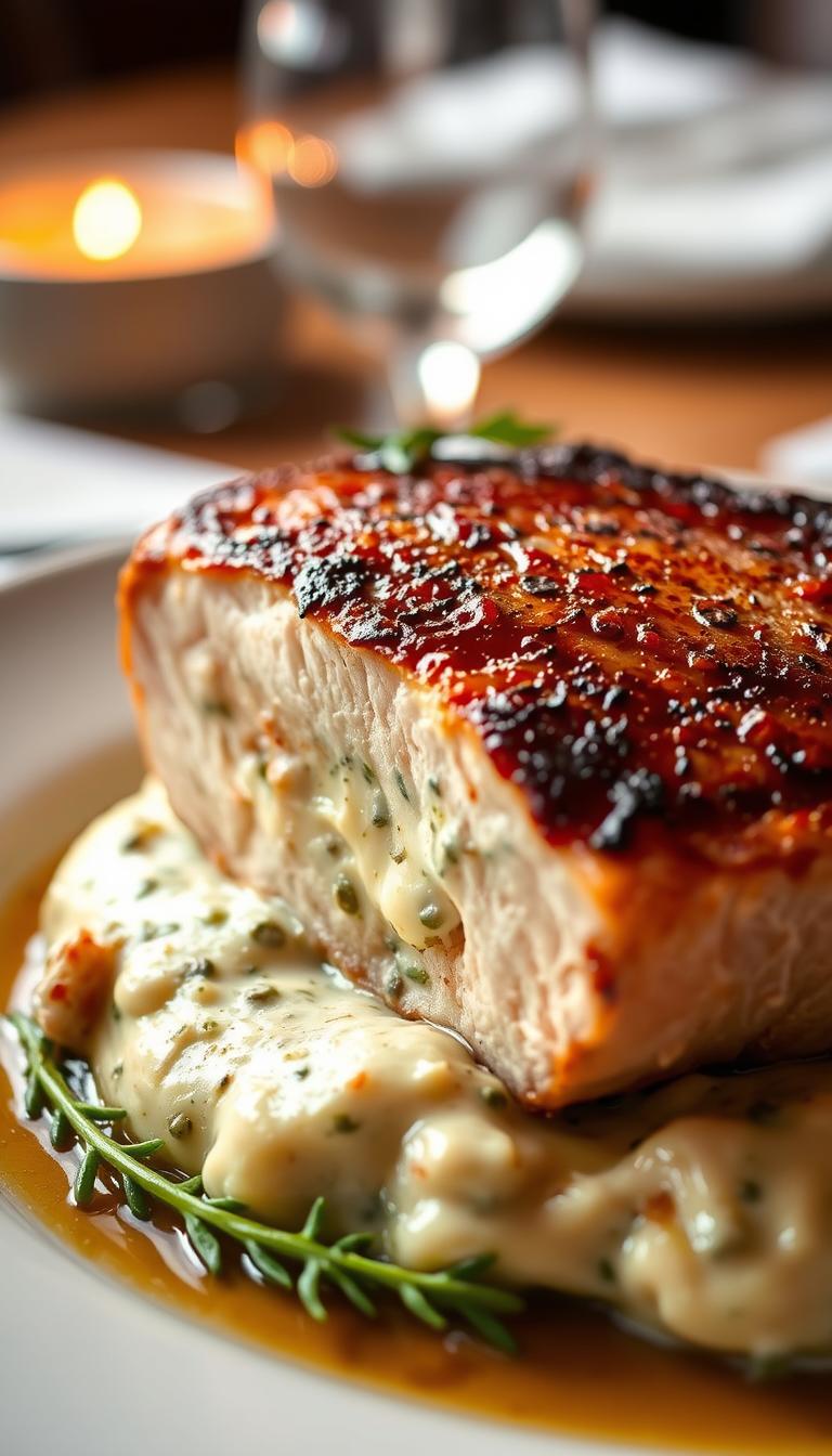 A delectable close-up view of a perfectly seared gourmet pork chop, its golden-brown crust glistening under the warm, soft lighting. The pork chop is nestled atop a bed of creamy, herb-infused Boursin cheese, the savory flavors mingling together harmoniously. In the background, a blurred, elegant table setting suggests an intimate, upscale dining experience. The composition emphasizes the mouthwatering details of the dish, inviting the viewer to imagine the rich, indulgent flavors and tender, juicy texture of this Boursin-stuffed pork chop masterpiece.