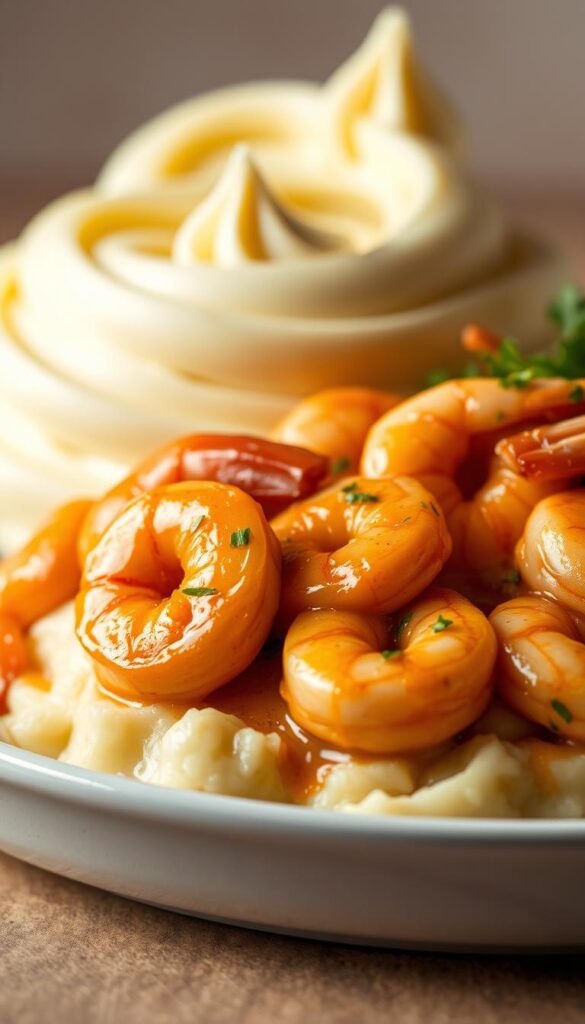 A delectable dish of creamy garlic shrimp, sautéed to perfection and served over a bed of fluffy mashed potatoes. In the foreground, plump shrimp are coated in a rich, velvety sauce infused with the aromatic flavors of minced garlic. The shrimp are arranged artfully, glistening under the warm, soft lighting that illuminates the scene. In the middle ground, the mashed potatoes are meticulously piped into an elegant, swirling pattern, their creamy texture complementing the shrimp. The background features a neutral, slightly blurred backdrop, allowing the main components to take center stage and showcase their mouthwatering appeal. The overall atmosphere is one of comfort, indulgence, and culinary delight.