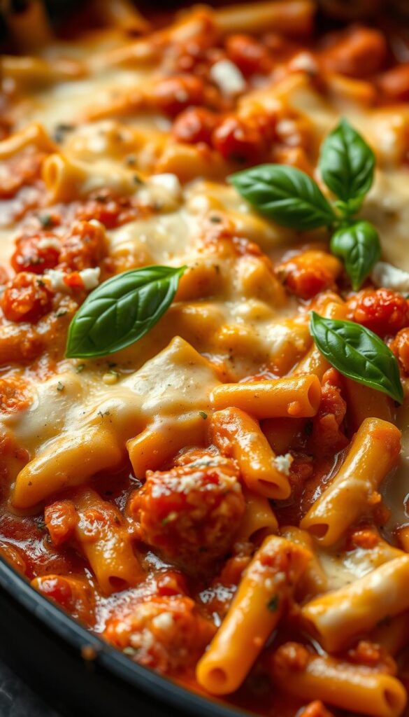 A delectable, freshly baked dish of cheesy ziti, its golden-brown surface dotted with bubbling mozzarella and ricotta. The ziti noodles, cooked to al dente perfection, are nestled in a rich, creamy tomato sauce, infused with the savory aromas of garlic and oregano. Warm lighting casts a cozy glow, highlighting the layers of cheese and sauce, inviting the viewer to dive in and savor every bite. A sprinkling of fresh basil leaves adds a vibrant pop of color, complementing the dish's comforting, homemade appeal. Captured in a close-up, high-angle shot, the image evokes the mouthwatering allure of this classic Italian-inspired family favorite.