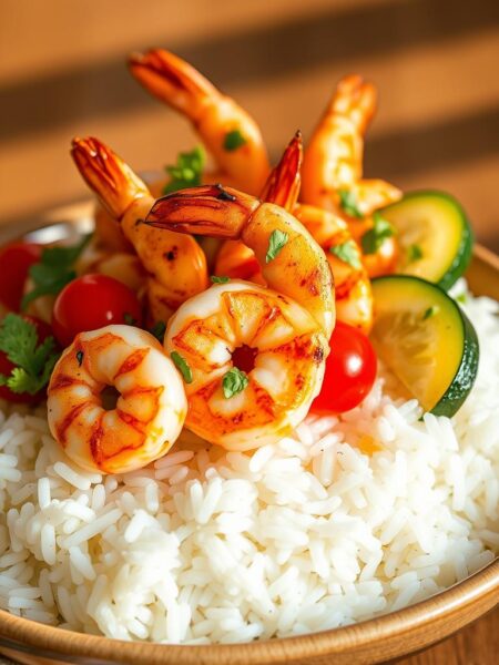 A delectable grilled shrimp bowl sits atop a bed of fluffy white rice, adorned with vibrant pops of color. Plump, juicy shrimp sizzle with a tantalizing char, their aroma mingling with the fragrance of fresh herbs and a drizzle of tangy lime-infused sauce. Crisp slices of bell pepper, zucchini, and cherry tomatoes add a refreshing crunch, while a scattering of toasted sesame seeds lend a delightful nuttiness. The lighting is soft and warm, casting a golden glow over the enticing dish, inviting the viewer to savor each mouthful. This visually striking and mouthwatering creation embodies the essence of a quick, easy, and irresistible grilled shrimp bowl.