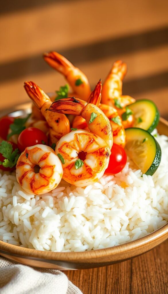 A delectable grilled shrimp bowl sits atop a bed of fluffy white rice, adorned with vibrant pops of color. Plump, juicy shrimp sizzle with a tantalizing char, their aroma mingling with the fragrance of fresh herbs and a drizzle of tangy lime-infused sauce. Crisp slices of bell pepper, zucchini, and cherry tomatoes add a refreshing crunch, while a scattering of toasted sesame seeds lend a delightful nuttiness. The lighting is soft and warm, casting a golden glow over the enticing dish, inviting the viewer to savor each mouthful. This visually striking and mouthwatering creation embodies the essence of a quick, easy, and irresistible grilled shrimp bowl.