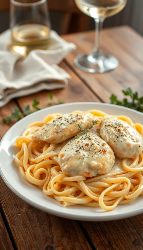 A delectable homemade chicken alfredo dish, presented on a rustic wooden table. In the foreground, perfectly cooked fettuccine noodles are coated in a rich, creamy alfredo sauce, topped with tender, juicy chicken breasts. The middle ground features a sprinkle of freshly grated parmesan cheese and a dusting of fragrant, dried Italian herbs. In the background, a simple yet elegant setting, with a linen napkin, a glass of white wine, and a sprig of fresh parsley, creating a warm, inviting atmosphere. Lit by soft, natural lighting, the scene evokes a comforting and mouthwatering family dinner.