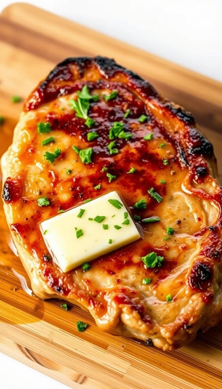 A delectable pan-seared pork chop, glistening in a golden-brown sear, resting on a wooden cutting board. Garlic butter melts across the tender meat, infusing it with savory aroma. Freshly chopped parsley sprinkled over the chop adds a vibrant pop of green. Warm, directional lighting casts a cozy glow, highlighting the juicy texture. The chop is framed by a simple white background, allowing the succulent pork to take center stage. An elegant, yet approachable dish that captures the essence of a quick, flavorful pork chop recipe.