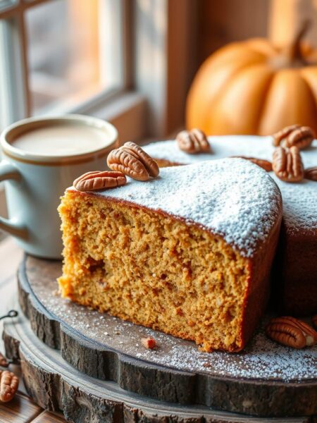 A delectable pumpkin latte coffee cake sits atop a rustic wooden table, its moist and fluffy crumb dusted with powdered sugar. Toasted pecans adorn the top, their warm, nutty aroma mingling with the sweet scent of pumpkin and espresso. Soft light filters through a window, casting a cozy glow on the cake's rich, golden hue. The slice's flaky crust and dense, spiced interior hint at the indulgent flavors within. A small, ceramic mug of frothy pumpkin latte stands beside the cake, steam curling invitingly. The scene evokes a sense of autumnal comfort and indulgence, perfect for savoring on a crisp, fall afternoon.