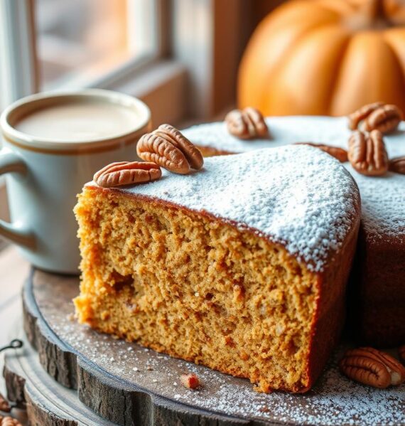 A delectable pumpkin latte coffee cake sits atop a rustic wooden table, its moist and fluffy crumb dusted with powdered sugar. Toasted pecans adorn the top, their warm, nutty aroma mingling with the sweet scent of pumpkin and espresso. Soft light filters through a window, casting a cozy glow on the cake's rich, golden hue. The slice's flaky crust and dense, spiced interior hint at the indulgent flavors within. A small, ceramic mug of frothy pumpkin latte stands beside the cake, steam curling invitingly. The scene evokes a sense of autumnal comfort and indulgence, perfect for savoring on a crisp, fall afternoon.