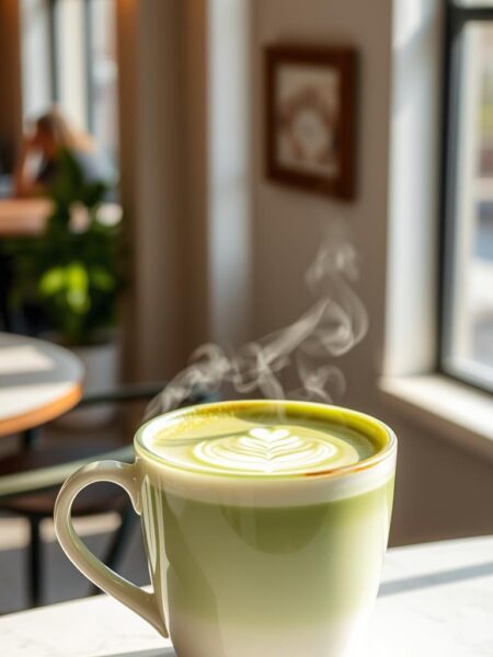 A delicate, steamy matcha green tea latte, freshly prepared in a modern, minimalist cafe. The vibrant green hue of the matcha powder swirls elegantly into the lightly frothed, creamy milk, creating a soothing, earthy aroma. Soft natural lighting filters through large windows, casting a warm, cozy glow on the beverage and the simple, yet sophisticated ceramic mug it is served in. The latte is adorned with a delicate, hand-crafted latte art design, adding a touch of artistry to the perfectly balanced, subtly sweetened drink. The overall scene evokes a sense of tranquility, inviting the viewer to savor the moment and the exquisite, energizing flavors of this beloved specialty coffee.